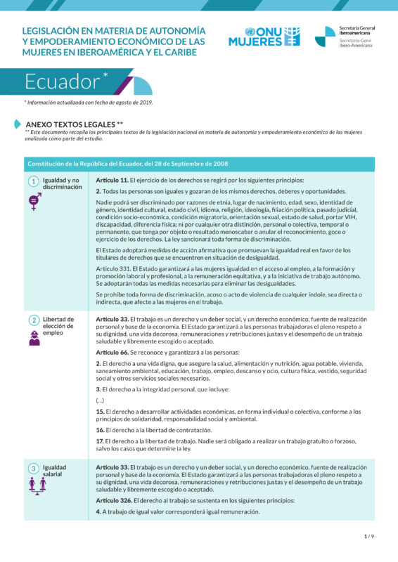 Textos legales sobre legislación en materia de autonomía y empoderamiento de las mujeres en Ecuador