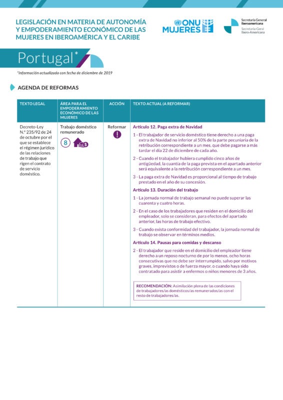 Agenda de reformas sobre legislación en materia de autonomía y empoderamiento de las mujeres en Portugal