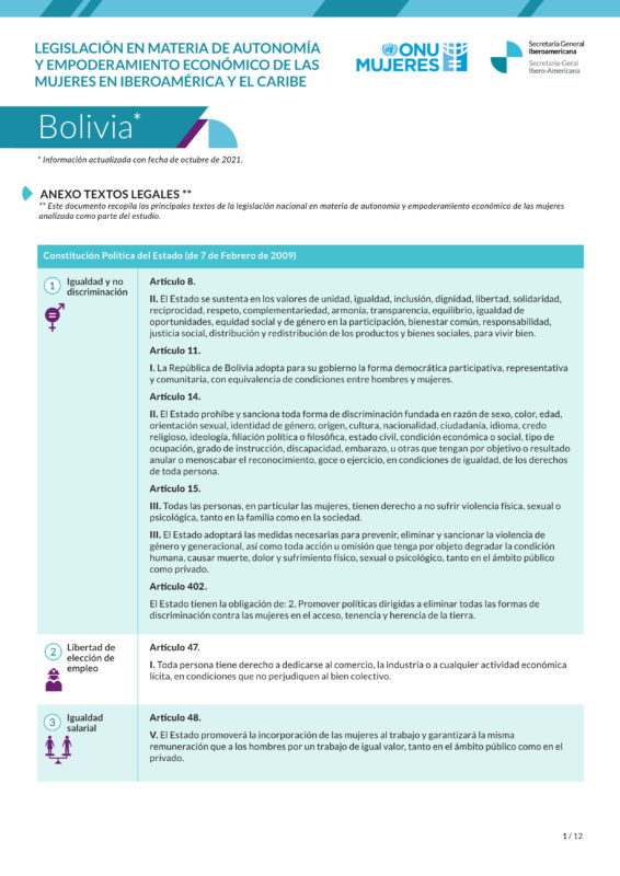Textos legales sobre legislación en materia de autonomía y empoderamiento de las mujeres en Bolivia