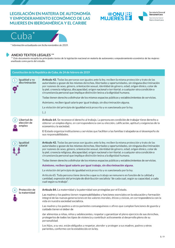 Textos legales sobre legislación en materia de autonomía y empoderamiento de las mujeres en Cuba