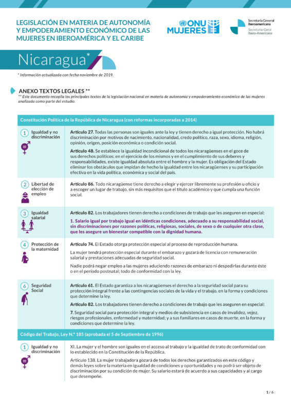Textos legales sobre legislación en materia de autonomía y empoderamiento de las mujeres en Nicaragua
