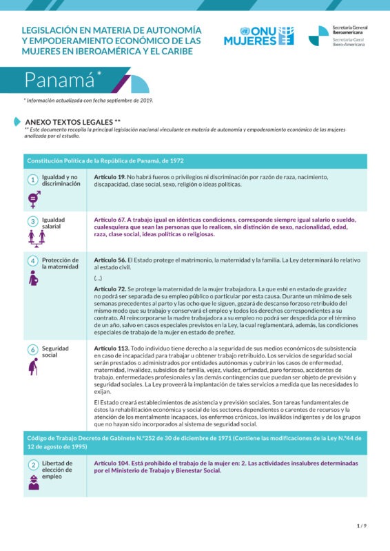 Textos legales sobre legislación en materia de autonomía y empoderamiento de las mujeres en Panamá