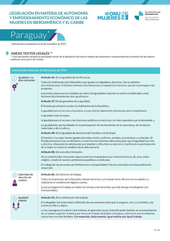 Textos legales sobre legislación en materia de autonomía y empoderamiento de las mujeres en Paraguay