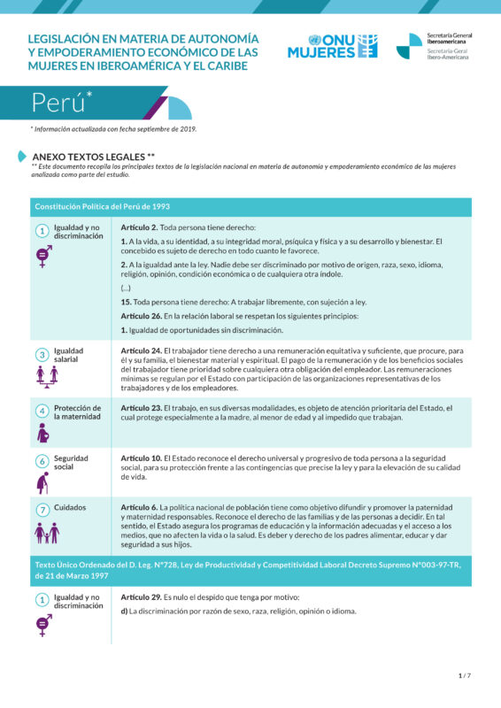 Textos legales sobre legislación en materia de autonomía y empoderamiento de las mujeres en Perú