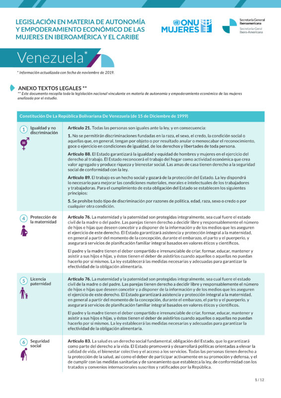 Textos legales sobre legislación en materia de autonomía y empoderamiento de las mujeres en Venezuela