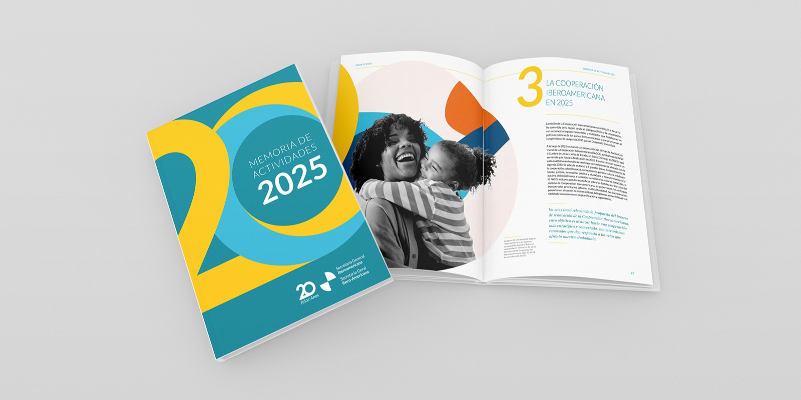 Maqueta de un libro de tapa dura y portada abierta de la Memoria institucional de la Segib 2025